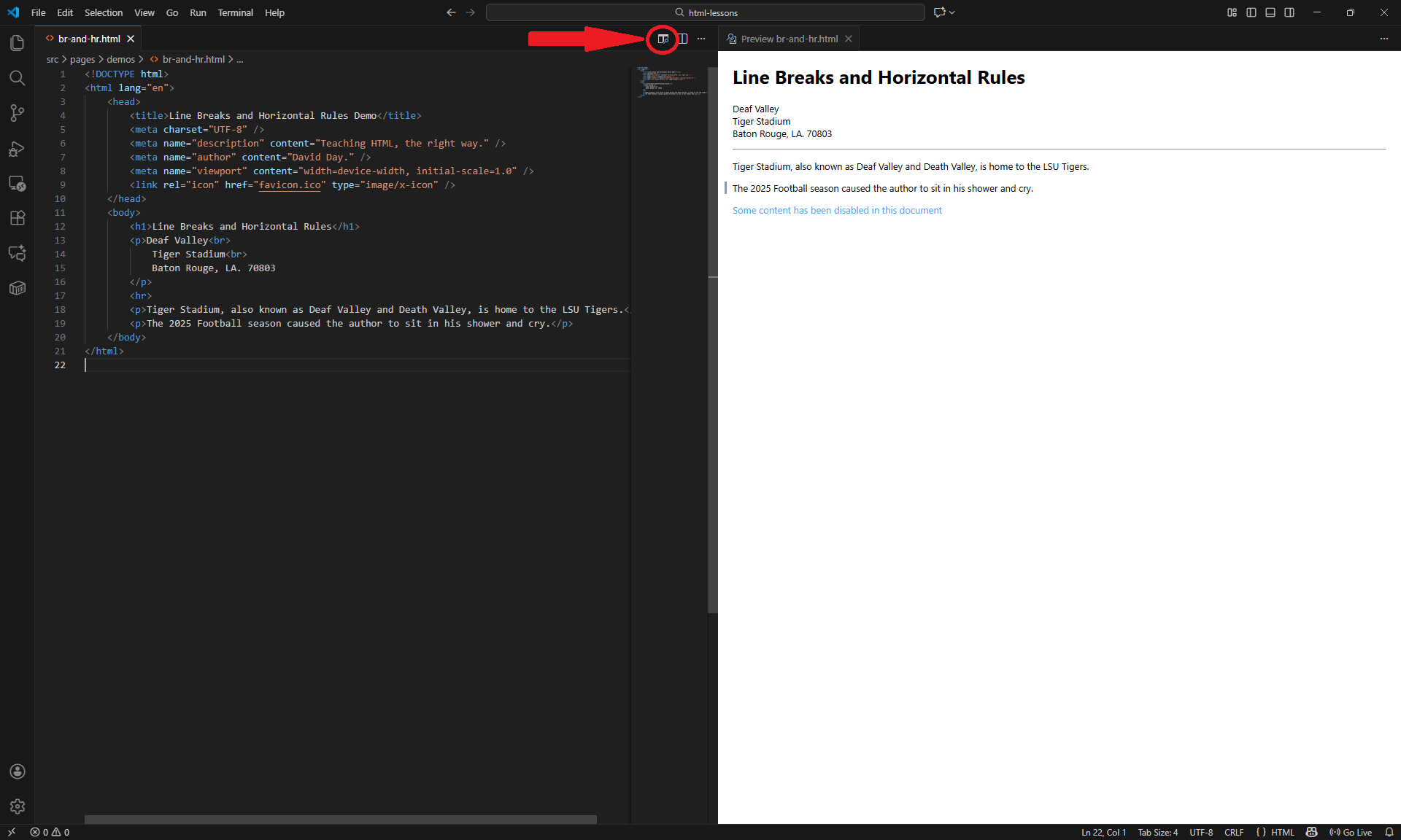 Screenshot of previewing an HTML file from the Visual Studio Code.